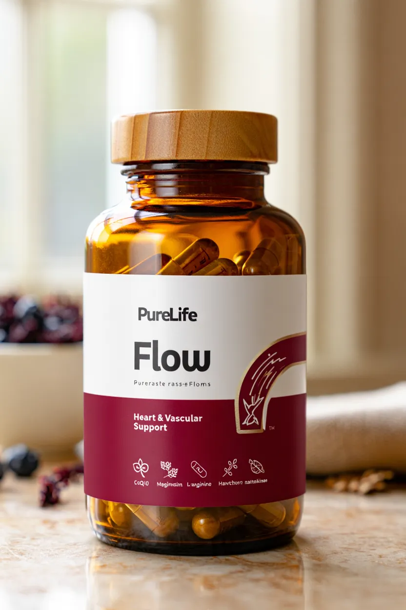 PureLife Flow supplement bottle with natural ingredients for heart and vascular support